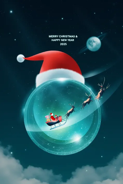 futuristic, digital, a large red Santa hat, complete with a fluffy white trim, perched atop a bright, transparent glowing blue-green planet, the crystal earth. 

the floating Earth is in nighttime with brightly lit cities across the continents. Above the i...