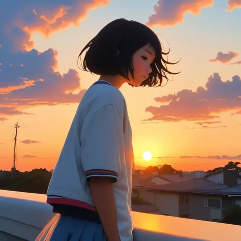 Chihiro, line drawing, 14-year-old Japanese female junior high school student, alone, sunset sky, (((asymmetrical short hair))), black hair, blue jacket, white shirt, short sleeves and hem, black sneakers, humming, Look back,