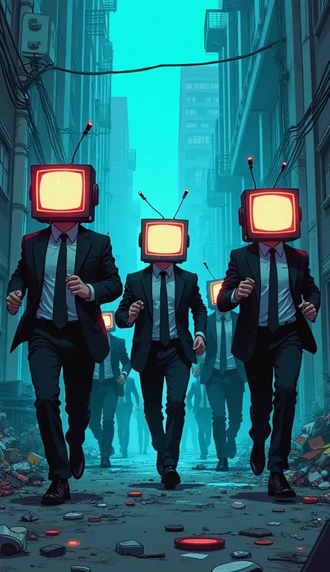  cathode-ray tube TV heads, multiple men in suits are running away、The background where trash is piled up in a subdued configuration has strange wiring and a TV background that randomly floats in the air、 illustration, delicate outline, cyberpunk neon colo...