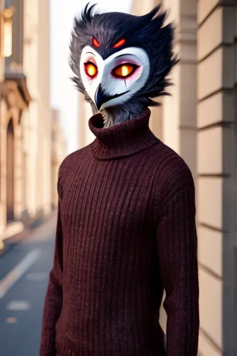 stolas, anthropomorphic owl, ((photorealistic)), full body portrait, wearing maroon turtle neck sweater