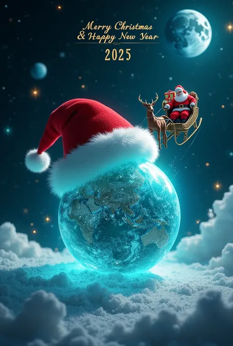 futuristic, digital, a large red Santa hat, complete with a fluffy white trim, perched atop a bright, transparent glowing blue-green planet, the crystal earth. 

the floating Earth is in nighttime with brightly lit cities across the continents. Above the i...