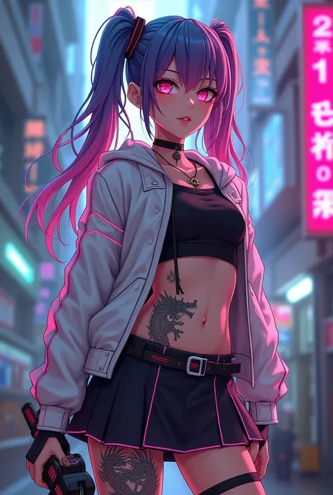 High quality (8k), Cyberpunk style,Anime style,Gamer woman, Rainbow hair , pink eyes,dragon Belly tattoos, White jacket with Neon Pink lines ,black Shirt, Skirt, Shocker, Fishnet 