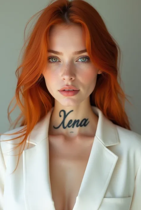 A beautiful young women round face cut and skin tone fair small nose and small light pink lips straight red long hairs and tatoo on our neck written xena wearing white suit and pent 