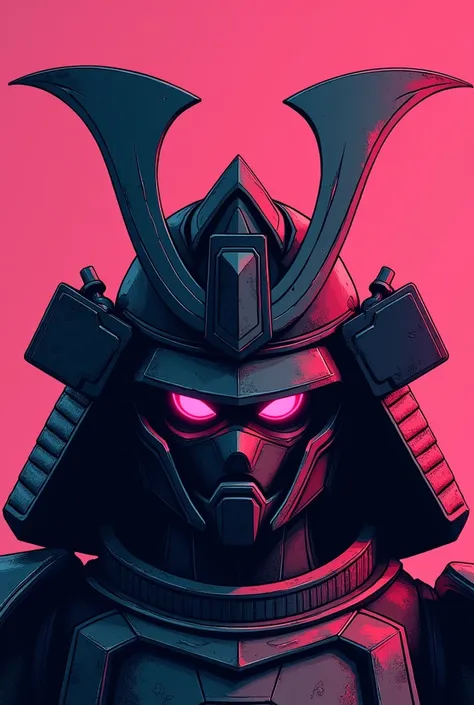 Create an image of a gundam stylized, menacing samurai helmet with prominent horns and a face mask, featuring sharp angles and a color scheme of dark tones with highlights in vibrant pink. The helmet should have an intricate design that suggests both tradi...