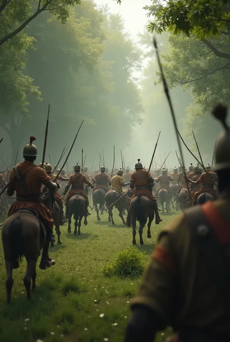 "A highly detailed cinematic 4K 3D scene of Bhil warriors attacking with bows and arrows from dense forest cover. The invading army is in chaos, with soldiers falling and horses panicking amidst the ambush."
