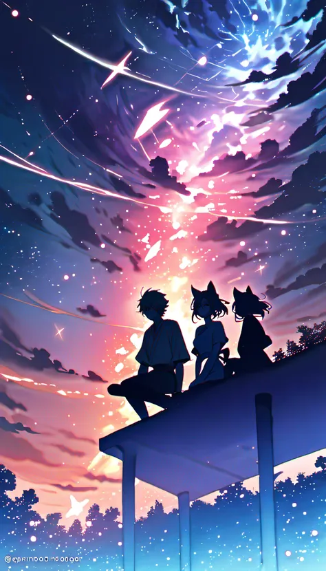  anime picture inspired by Makoto Shinkai,  sparrow &#39;Door Lock, Pixiv Topics, Space Art,  Shinkai Makoto Cyril Roland ,  an anime Japanese man and woman are sitting and watching the sky, A , White cat girl, Black cat girl ,  calico cat girl is running ...