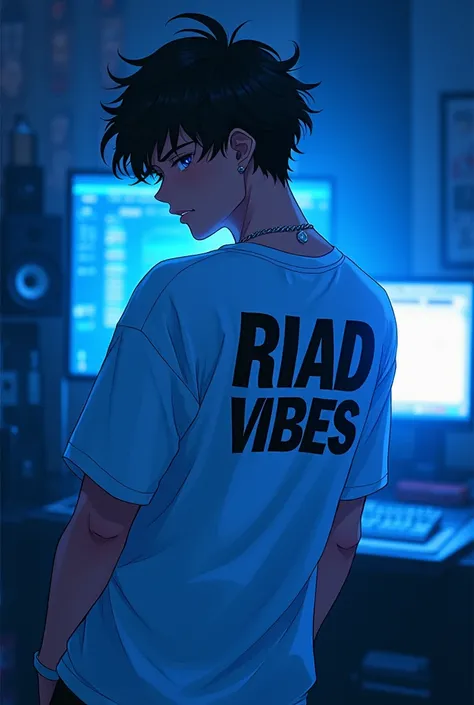 I want an anime rapper who looks back and has a white shirt that says Riad Vibes on it, and the room hes in is a singing studio and theres a blue light in it. 