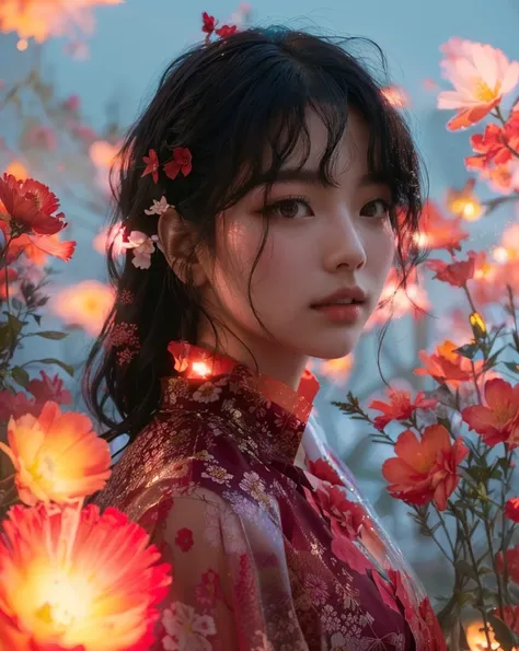  Jennie in a sheer red kimono with a floral print, wavy wet black hair ,  red flowers around with golden lights ,  foreground with a faded golden light .  High resolution,  Artwork , HD,  professional photograph  