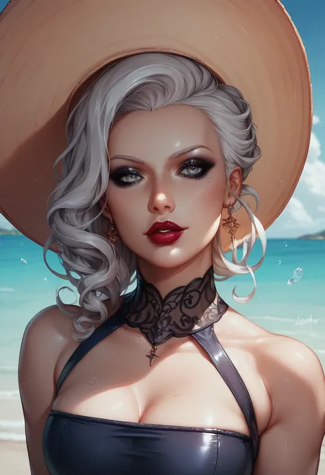  masterpiece ,  best quality swimsuit, 1Feminino, beautiful,  facial portrait ,  deep dark makeup, lipstick,  focus on the face, 1 ,  Gothic, Gregoriano , LadyMaria ,  white hair,  gray eyes, coconut hat , hunter