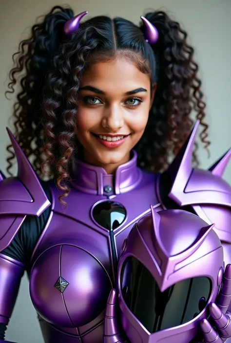  dark-skinned Amazonian woman ,  curly hair, pigtails,  Long and voluminous ,  Power Range cosplay womens all-closed armor in purple color,  shoulders with spurs and spikes in the shape of blades , metallic gloves with purple claws ,  in the center of the ...