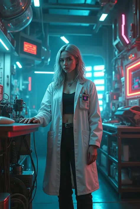 cyberpunk ripperdoc, white woman, cyberpunk lab coat, grey hair, chubby