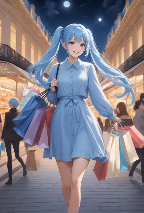  long light blue hair 、 Beautiful Girl with Twin Tails 、Walking through the Champs-Élysées on a moonlit night with shopping bags in hand、smile、