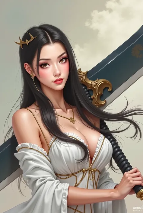   beautiful girl,  round breasts , big ,  portable sword  