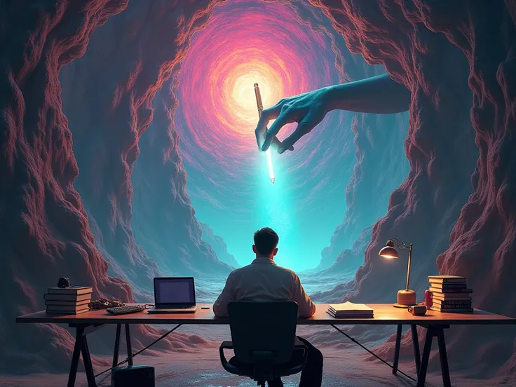 " The Interdimensional Portal Author "
 A writer sitting at his desk ,  with a psychedelic portal opening behind it . In the portal ,  a giant hand with a light pen extended .
