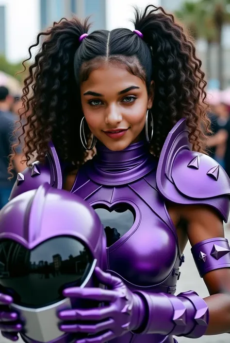  Dark-skinned Amazonian woman,  curly hair, pigtails,  Long and voluminous ,  Power Range cosplay womens all-closed armor in purple color,  shoulders with spurs and spikes in the shape of blades , metallic gloves with purple claws ,  in the center of the c...