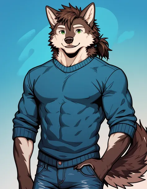 score_9, score_8_up, score_7_up, score_6_up, sfw, anthro, solo focus, three-quarter view, (male anthro wolf:1.4), (furry body:1.2), Green eyes, (mullet hairstyle:1.3), (sweater:1.3), (dark blue shirt:1.4), (dark blue jeans:1.3), masculine build, muscular, ...