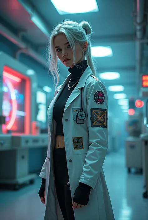 cyberpunk ripperdoc, white woman, cyberpunk lab coat, grey hair, in cyberpunk hospital