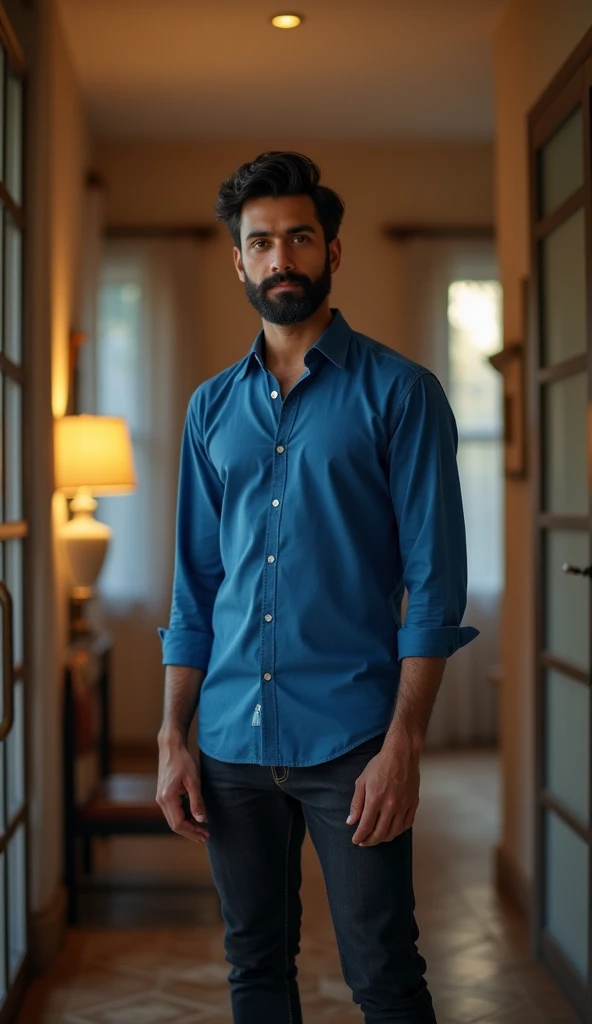 30 year indian man wearing blue shirt and black jeans, standing in house inside, luxury home interior, luxurious house, detailed image, detailed face,  cinematic scene, cinematic lighting, ultra realistic, hyper realistic, highly detailed image, Full HD