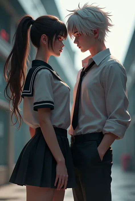 Big Girl with big titts,Ass brunette in high school Uniform next to a  White Hair Red eyes He Looks away