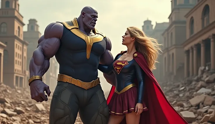 Focus on Thanos from Avengers ,  clutching Supergirl behind  ,  her with large breasts and a very apparent V-neck,  the two of them in the midst of a destroyed city  