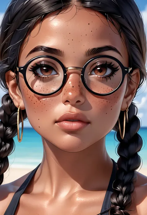  masterpiece ,  best quality swimsuit, portrait, female,  tanned skin , black lips,  Black hair that she always keeps tied in two braids that hang over her shoulders, She wears big round glasses ,  dark brown eyes ,  doesnt wear makeup , freckles, beautifu...