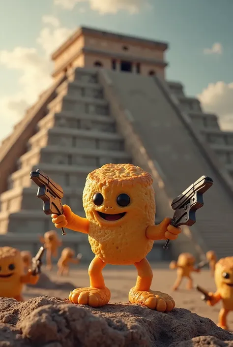 Cheddar bay biscuit fighting off aliens on the top of a pyramid