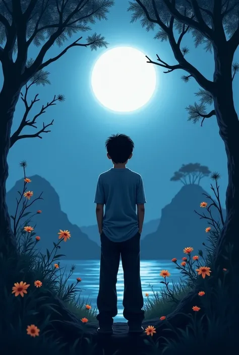 A boy will be 19 years old. He is standing by the Jungle .moon in front of him. His head is black. But the view is very beautiful.HD Ultra.  4K. The is looking at the sun. He put his hand in pocket.  There some tree.  Some of flower tree and some of anothe...