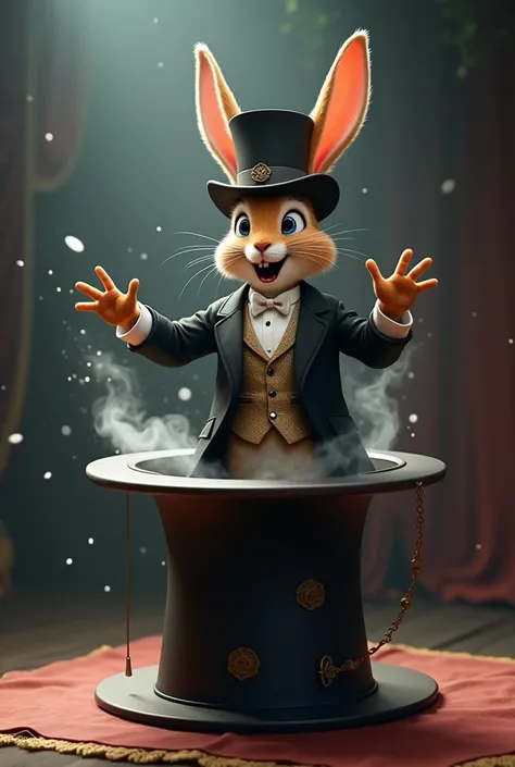 An anthropomorphic rabbit magician pulls himself out of a hat.