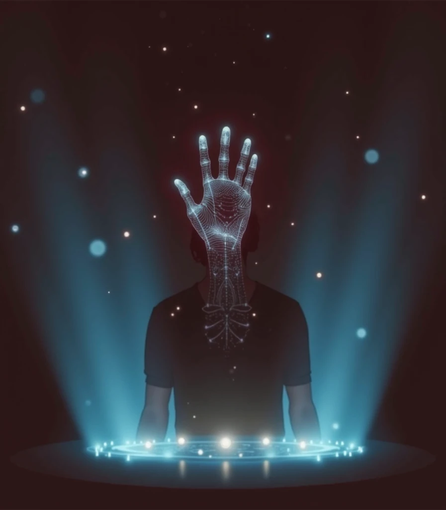 An artistic, cyberpunk-themed scene where a glowing holographic palm emerges from a person’s hand. The hologram is formed by shimmering, luminous lines and dots, displaying detailed palm lines with a radiant glow. The light is a mix of vibrant blue, neon c...