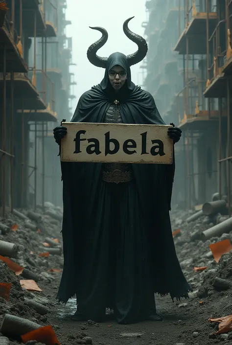   That he is on a construction site and is a villain and that he holds a sign that says fabela