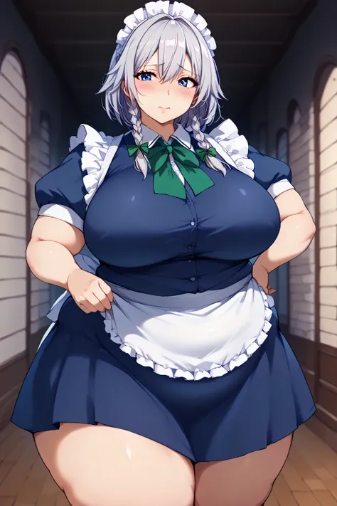  Sixteen Night Sakaki Night ,Sakuya Izayoi,  shortcuts、 braids, maid clothes、Navy blue clothes,White ruffle sleeves,Short sleeve,unexposed breasts, navy blue ruffle skirt、 miniskirt,white ruffle apron , blue eyes、 silver hair、 Western-style hallway 、Wester...