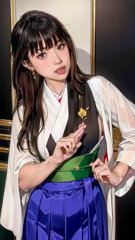 （（（perfect figure，figure，Alone，（（（black robes, sash, hakama skirt）））， （（（What are you doing?, long black hair））），((masterpiece)),high resolution, ((Best quality at best))，masterpiece，quality，Best quality，（（（ Exquisite facial features，Looking at the audienc...