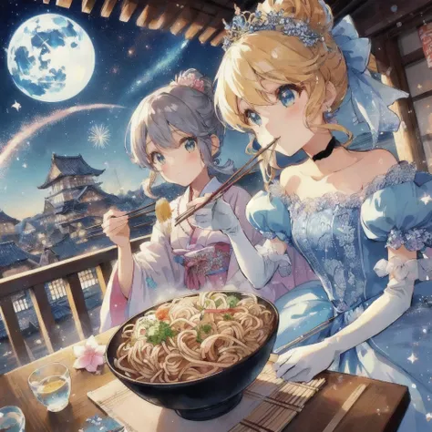 chopsticks, Anime girl eating soba with fireworks in the background, Cinderella, smile, Anime Princess,  beautiful anime girl showing bare skin, Anime Style 4k,  extra ,  Beautiful Anime Art  style,  Cute Anime Girls,  Beautiful Anime Art ,  anime food,  A...