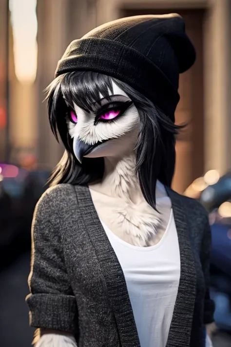 octavia, helluva boss, female anthropomorphic owl, ((photorealistic)), magenta eyes with white pupils, wearing black beanie, black cardigan, full body shot