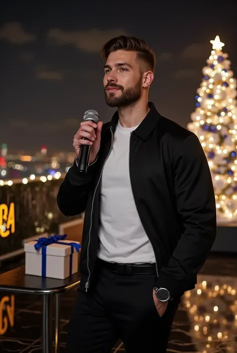 Visualize a young man, 24 years old square face, pale skin, blue eyes, trimmed beard, dark brown brushed back hair, muscular wearing an open black zip-up jacket with a collar, worn over a plain white shirt. The look is paired with black trousers, creating ...