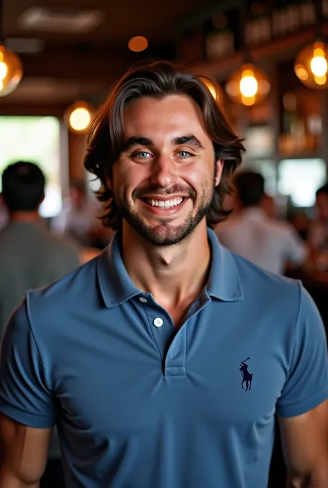 I took a selfie Im a man with medium long brown hair  ,  blue eyes I wear a Lauren polo shirt Im in a bar you can see people in the back with a closed and happy smile 