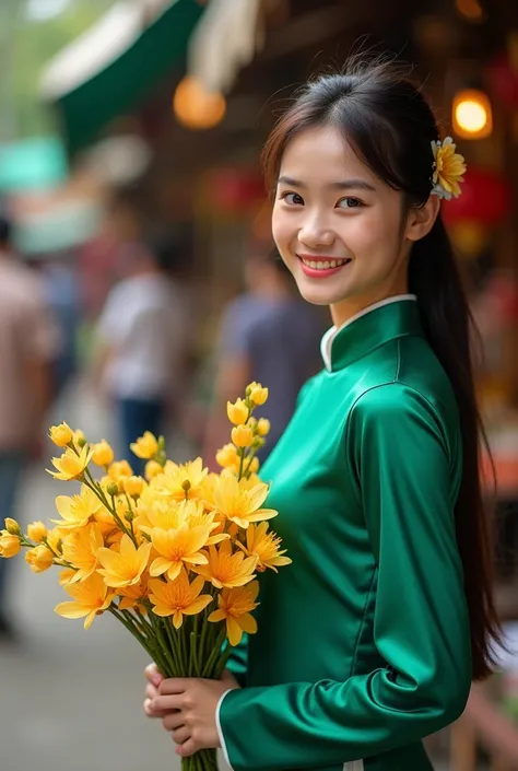 The girl in the picture is wearing an emerald green Vietnamese ao dai, holding a bouquet of yellow apricot blossoms in her hand, natural light, background is a traditional market, 4K Canon photo quality 