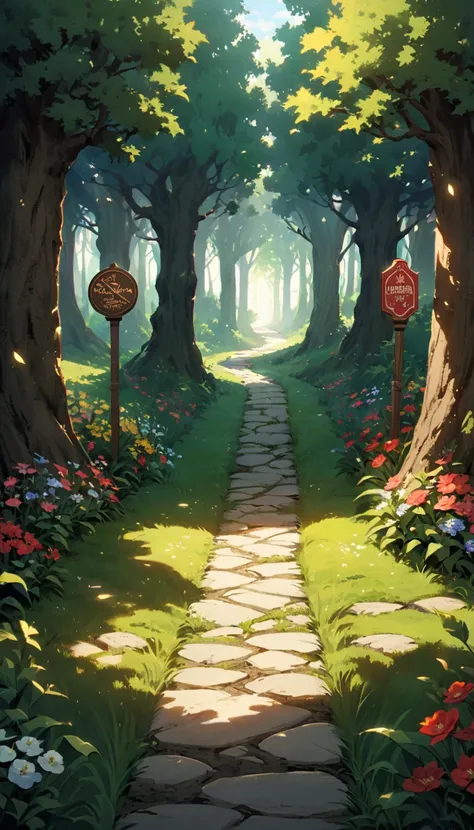 A Ghibli-style fork in the road with two distinct paths. The left path is shadowy and mysterious, framed by dark, twisting trees, with a small red sign reading "Devil" hanging ominously. The right path is sunny and inviting, lined with vibrant flowers and ...