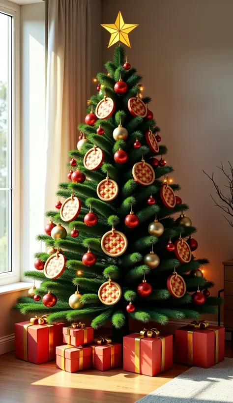 Full Christmas tree decorated with pizza boxes in a very modern and warm style 