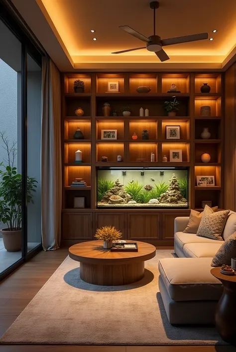 Interior design of living room  having ambient lighting and cabinets for keeping handicrafts with a regular size aquarium 