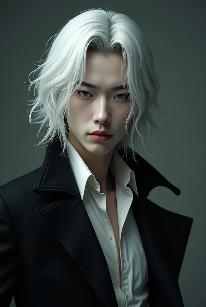 Asian male vampire white with long hair posing on a grey background