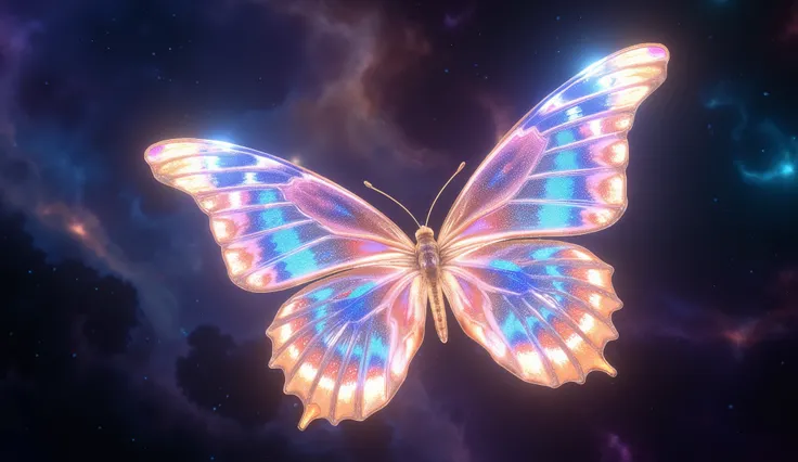 A majestic butterfly with wings of iridescent colors, blending shades of blue, pink, and gold in a glowing cosmic backdrop. 16k