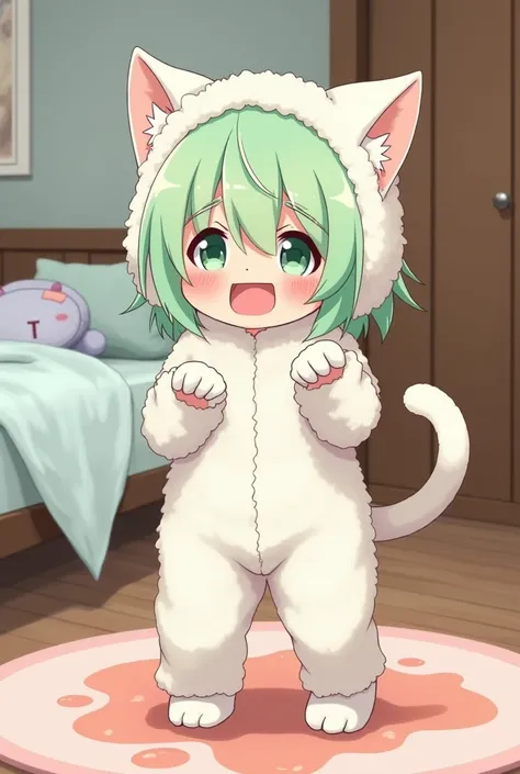 one small, skinny, young, and semi-realistic anime catgirl with pastel light green hair in a fluffy white cat fursuit with white cat paw gloves and shoes standing on a rug in a bedroom that has an unused diaper on the bed embarrassed and blushing because s...