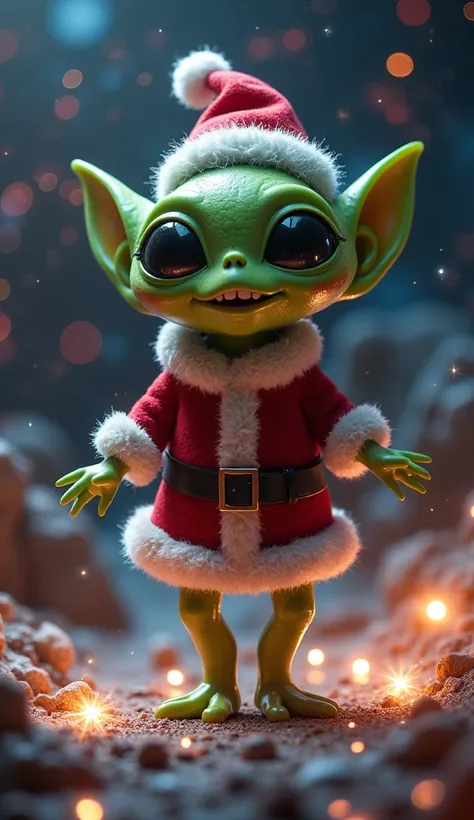 In the initial scene, a cheerful green alien dressed in a Santa Claus outfit takes center stage, surrounded by dazzling stars. Its large black eyes and smooth, shiny skin reflect the radiant cosmic elements, creating a magical festive atmosphere. Cheerful ...