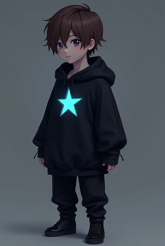 a boy character wears a black coloured shirt his hair is brown but in blue there is his star over black pants a black hoodie