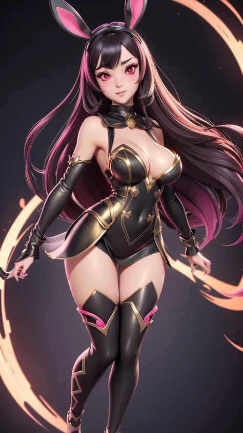 Masterpiece, 3D rendering, highest quality. golden bunny ears girl Pink-red eyes, black hair , straight hair,
an all-black with gold patterns. for mobile games Big-breasted rabbit girl. Fantasy art. Sweet and realistic rabbit girl. 
Cutely detailed digital...