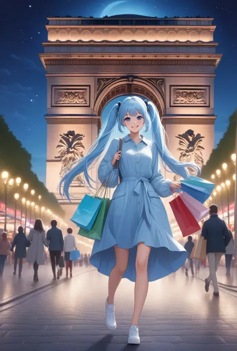  long light blue hair 、 Beautiful Girl with Twin Tails 、Walking through the Champs-Élysées on a moonlit night with shopping bags in hand、The Arc de Triomphe is visible、smile、