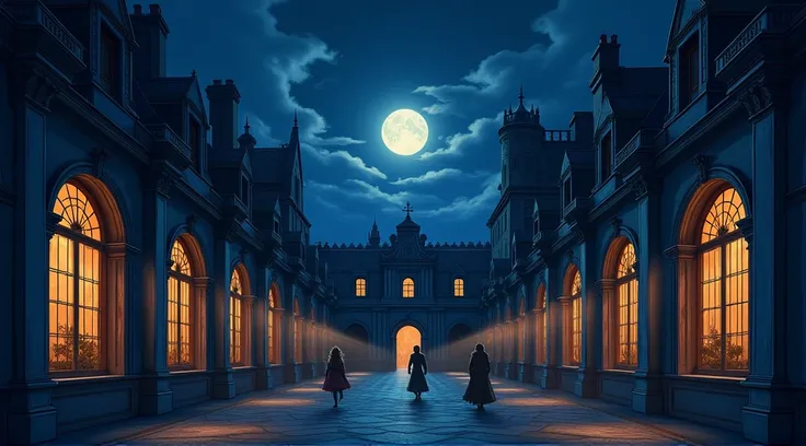 backgroud, victorian salão de baile, night, moonlight entering the big windows, a few people dancin and drinking from afar, inside a castle, chandelir on the sky, drawing, 2d, detail lines, simple drawing, front angle, visual novel,Castle hall architecture...