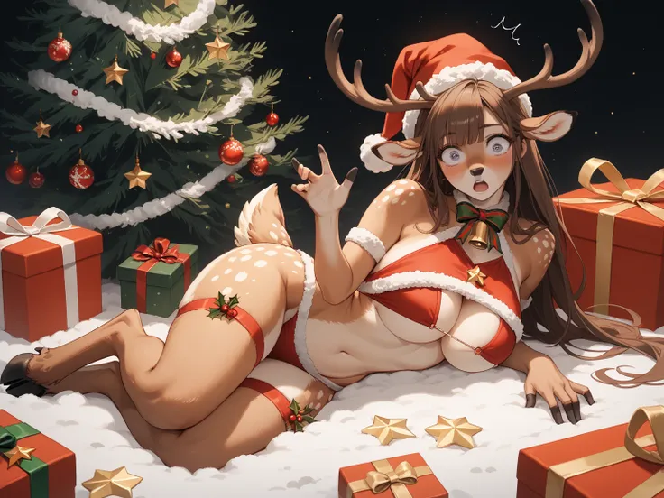 a sensual scene involving MrsClaus (submissive, Santa hat, sexy MrsClaus costume, large breasts, cleavage, underboob, sideboob, surprised expression, moaning) having sex with an anthro reindeer (dominant, antlers, deer tail, deer hooves, deer ears, deer fu...