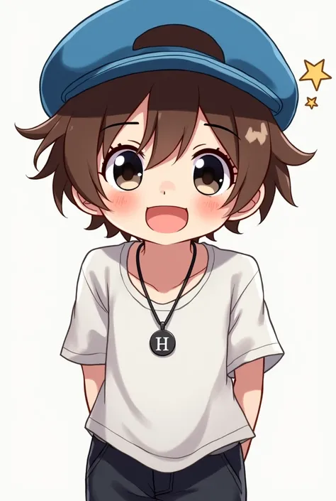 an anime boy wearing a blue hat has his star on his face smiling black eyes brown hair black pants there is a necklace with initials